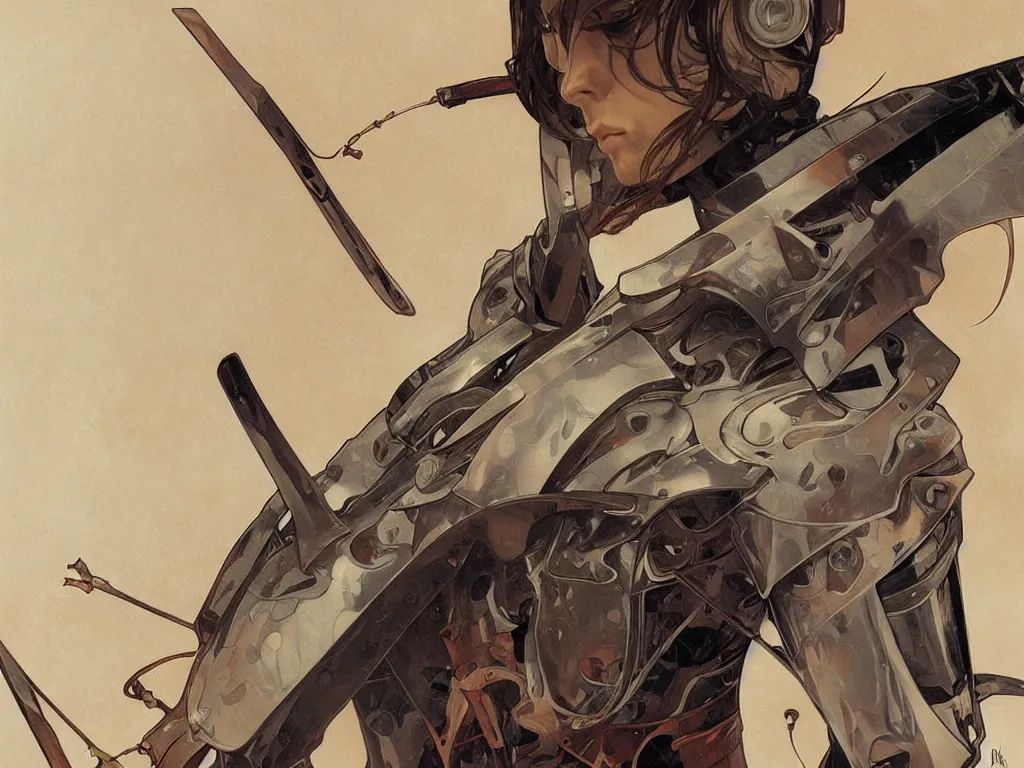 Image similar to close up of a wounded samurai in full armor, by fiona staples, range murata, alphonse mucha