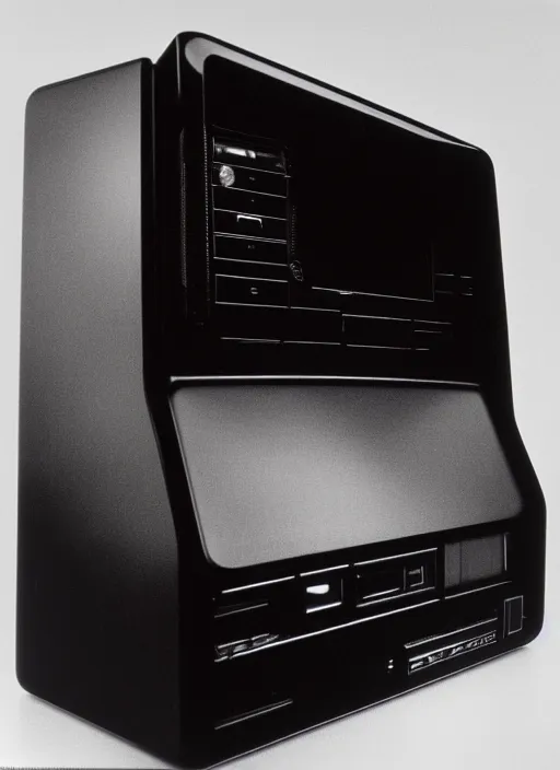 Image similar to realistic photo of a scientific model of an ugly rough complex desktop computer made of wood, display is black obsidian, front view, 1 9 9 0, life magazine reportage photo, metropolitan museum photo