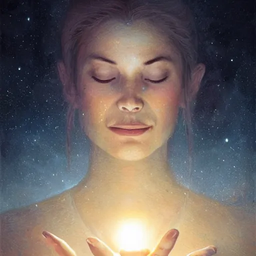 Image similar to A woman holding!!!!! Earth!!!!! in her eloquently gentle palms while she solemnly meditates about what to do next in the creation of the universe, illustrated by Greg Rutkowski and Gaston Bussiere, vividly radiantly beautiful lighting, closeup!!!!!, portrait imagery!!!!!, dazzling dappled lighting, subsurface scattering, light refractions, trending on artstation, 4k, 8k!!!!!