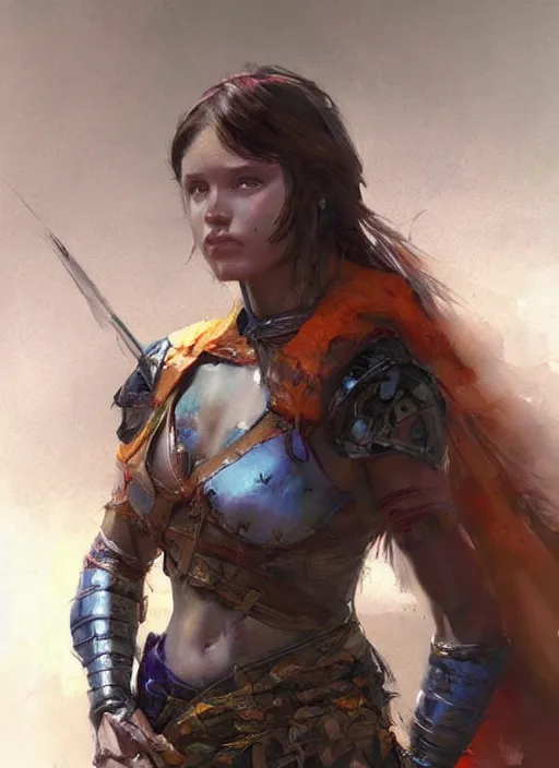 Image similar to hyper realistic painting of medieval beautiful warrior girl, full body, rule of thirds, conceptart, saturated colors, craig mullins jean baptiste monge artstation cgsociety pinterest