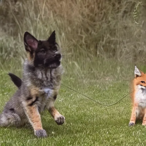 Image similar to a kitten looking at a string in the foreground, a german shepherd hunting a fox in the background