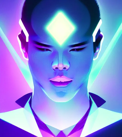 Prompt: symmetry!! asian prince of technology, solid cube of light, hard edges, product render retro - futuristic poster scifi, lasers and neon circuits, handsome asian prince, intricate, elegant, highly detailed, digital painting, artstation, concept art, smooth, sharp focus, illustration, dreamlike, art by artgerm