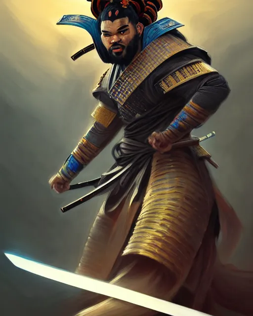 Image similar to portrait of karl - anthony towns as a ronin samurai, wearing a haori, by wlop and peter mohrbacher, dramatic action pose, extremely detailed shading, concept art, digital painting, trending on artstation, atmosphere, glow, cinematic lighting, full of color