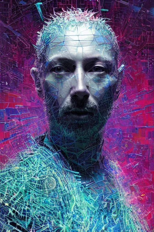 Image similar to A portrait of Thom Yorke as a cyberpunk android, iridescent geometry, surrounded by fractal dust, highly detailed, intricate, soft, sci-fi, sharp focus, subsurface scattering, art by Caravaggio, Greg rutkowski, Moebius, Greg Rutkowski, Alphonse Mucha, Norman Rockwell, Tom Bagshaw.