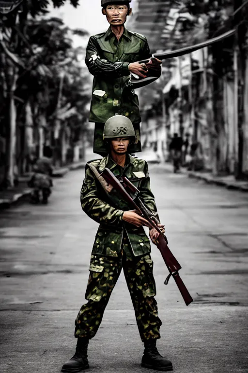 Image similar to vietnam soldier with skateboard, photography, pulitzer style, hyperrealistic, vogue magazine photo style, dynamic composition, intricate, proportional perfect, dynamic comfortable posse, smooth, sharp focus, captured by nikon d 8 5 0, 4 k, full body. by daniel berehulak