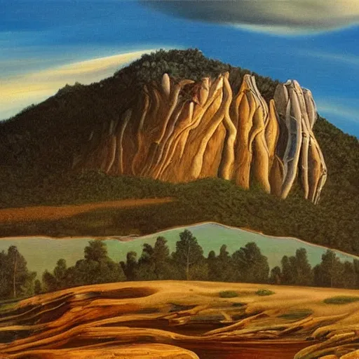 Image similar to mount pinnacle, arkansas, landscape, oil painting, salvadore dali