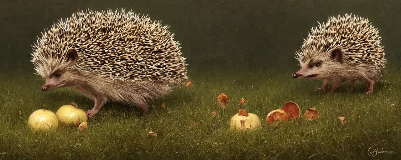 Prompt: funny hedgehog eatin apple in a grass with big mushroom, character portrait, portrait, close up, concept art, intricate details, highly detailed by greg rutkowski, michael whelan and gustave dore