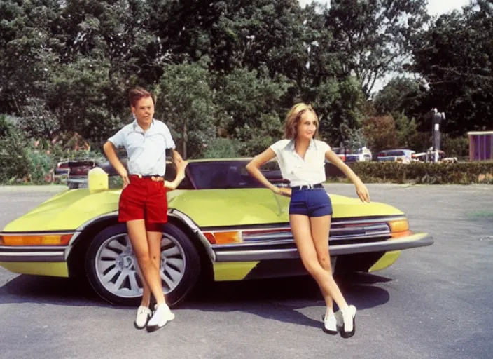 Prompt: color photo. a cool handsome photomodel standingwith hos arm crossed in the 8 0's. girl on both sides. sport car in the background