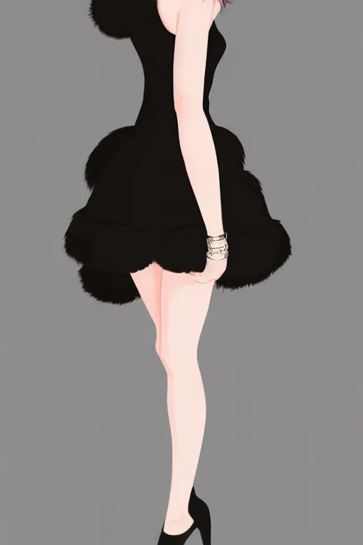 Image similar to full body aesthetic full body digital illustration of a beautiful young woman in a furry little black dress, by wlop and Julia Razumova, realistic, high fashion, Vogue, magazine photography, photorealistic, deviantArt, trending on artstation, artstation HQ