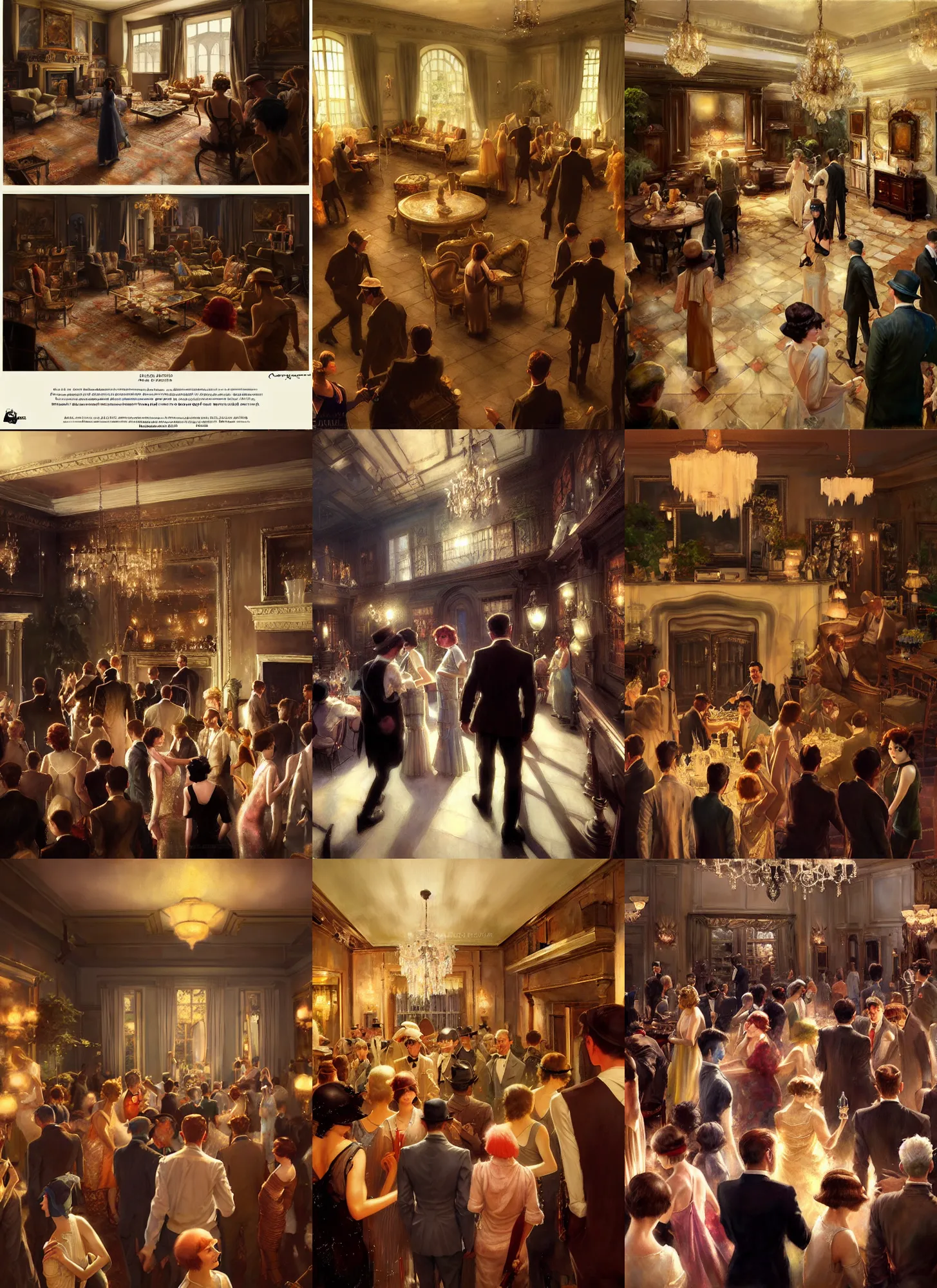 Image similar to craig mullins and ghibli and james gurney detailed realist painting of a 1 9 2 0 s grand party in a beautiful mansion, many partygoers, strong contrast, unreal engine, hyper realism, realistic shading, cinematic composition, realistic render, octane render, detailed textures, photorealistic, close shot, 3 5 mm film