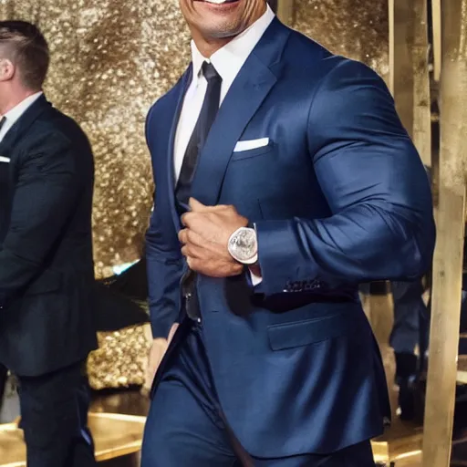 Image similar to dwayne the rock johnson wearing a expensive suit made entirly of gold walking down the run way, 3 5 mm, paparazzi photo, dazzling lights, dramatic lighting, photorealistic, cinematic scene, super detailed, hyper realistic, bright lights