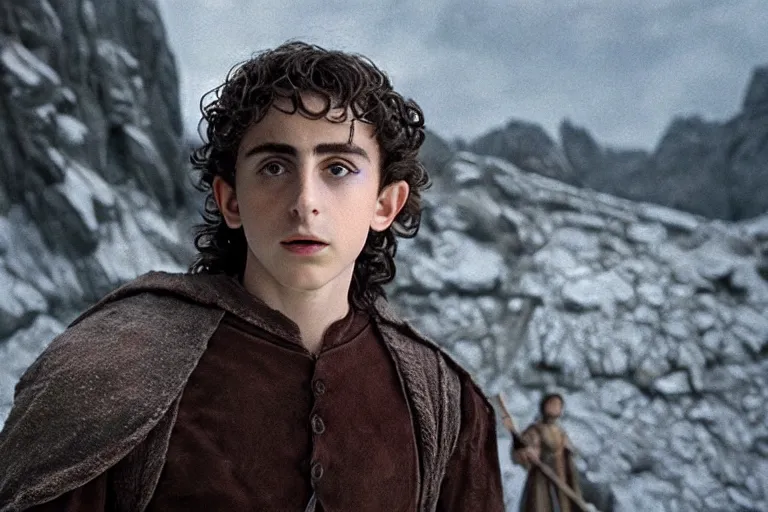 Prompt: timothee chalamet plays an elf in the lord of the rings return of the king, highly detailed, cinematic lighting, 4 k, arricam studio 3 5 mm film camera, kodak 5 2 7 9 ( tungsten - balanced ) film stock