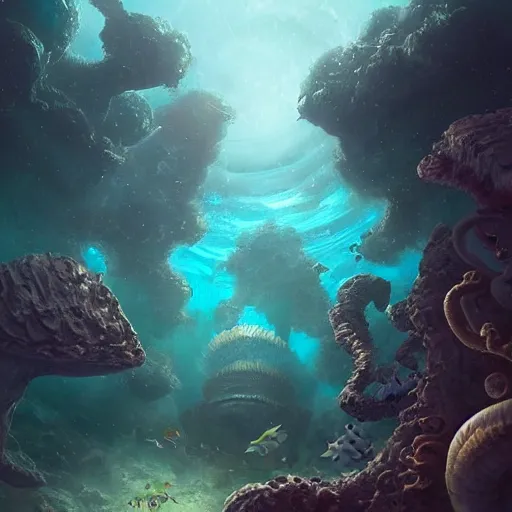 Prompt: Astronauts and some mythical animals are under the sea, they are swimming away from the giant kraken, the leviathan is behind hunting them, this is an extravagant planet with wacky wildlife, the background is full of ancient ruins, the ambient is dark with a terrifying atmosphere, by Jordan Grimmer digital art, trending on Artstation,