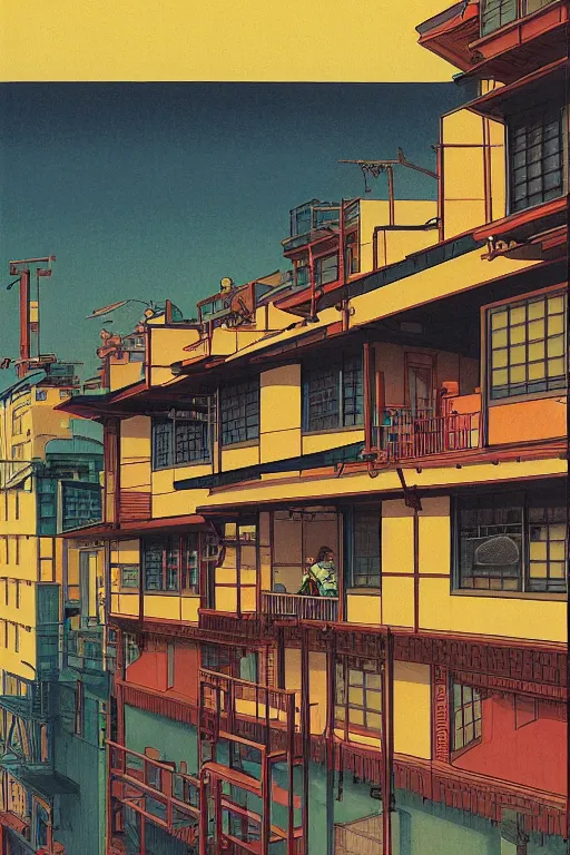 Image similar to workers exploited, living in hostels with bunk beds stacked on top of one another, by kawase hasui, moebius and edward hopper, colorful flat surreal design, hd, 8 k, artstation