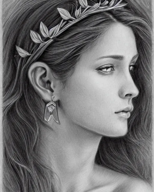 Image similar to pencil drawing of a beautiful greek goddess aphrodite wearing a laurel wreath and arrowhead earrings, beautiful confident eyes, beautiful flowing hair, hyper realistic face, in the style of artgerm, fantasy, amazing detail, epic, elegant, smooth, sharp focus, from the front, long shot