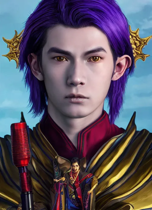 Image similar to An epic fantasy comic book style portrait painting of teenager boy with straight indigo hair, purple eyes with red eye markers, slim body, wearing a detailed Japanese kimono with golden armor details, holding a fan. Unreal 5, DAZ, hyperrealistic, octane render, cosplay, RPG portrait, dynamic lighting