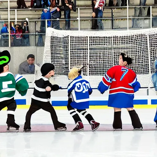 Prompt: a crowd of hockey mascots running onto the ice and and stealing the goalie net