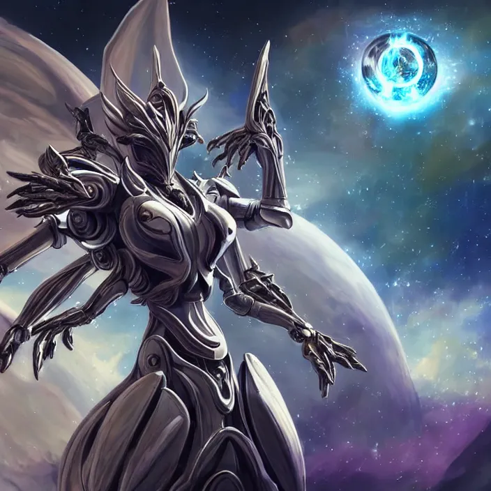 Image similar to goddess shot, galactic sized stunning beautiful anthropomorphic robot mecha female dragon, in space, larger than planets, posing elegantly, the earth a mere marble in her claws, detailed silver armor, epic proportions, epic scale, detailed digital art, ultra detailed, furry art, macro art, dragon art, giantess, warframe fanart, furaffinity, deviantart, realistic