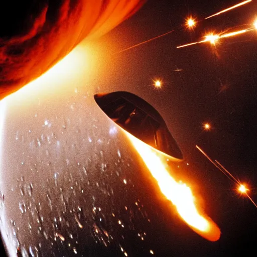 Image similar to apollo command module reentering the earth's atmosphere, heatshield ablasion, fire, dramatic, photograph, epic, cinematic, trail of sparks