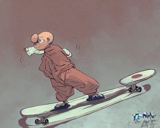 Prompt: a study of a cell shaded cartoon of a monk on a skateboard, illustration, subtle colors, post grunge, concept art by josan gonzales and wlop, by james jean, Victo ngai, David Rubín, Mike Mignola, Laurie Greasley, highly detailed, sharp focus, alien, Trending on Artstation, HQ, deviantart, art by artgem