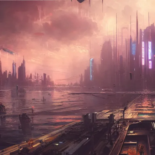 Prompt: a Stunning painting of A cyberpunk city on the sea by Annibale Siconolfi and greg rutkowski,epic lighting,beautiful sky,hyper detailed,Realistic,8K Resolution