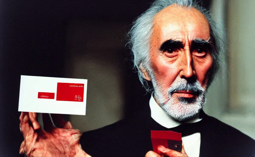 Prompt: movie still close-up portrait of Christopher Lee as a Victorian inventor proudly holding a small red plastic perforated card, by David Bailey, Cinestill 800t 50mm eastmancolor, heavy grainy picture, very detailed, high quality, 4k, HD criterion, precise texture and facial expression