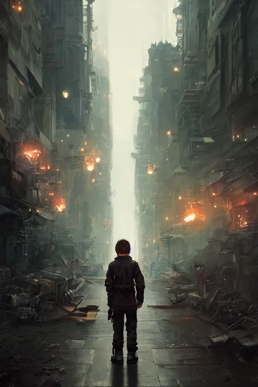 Prompt: a portrait of a small cyborg standing in the middle foreground walking in the street of a great mechanical city by Greg Rutkowski, Sung Choi, Mitchell Mohrhauser, Maciej Kuciara, Johnson Ting, Maxim Verehin, Peter Konig, final fantasy , mythical, 8k photorealistic, cinematic lighting, HD, high details, atmospheric,