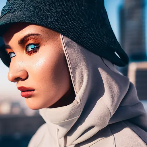 Image similar to photographic portrait of a streetwear woman, closeup, on the rooftop of a futuristic city overlooking a desert oasis, sigma 85mm f/1.4, 4k, depth of field, high resolution, 4k, 8k, hd, full color