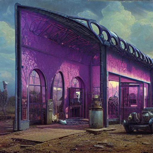 Image similar to painting of hr giger scifi organic shaped gas station with ornate metal work lands on a farm, fossil ornaments, volumetric lights, purple sun, andreas achenbach