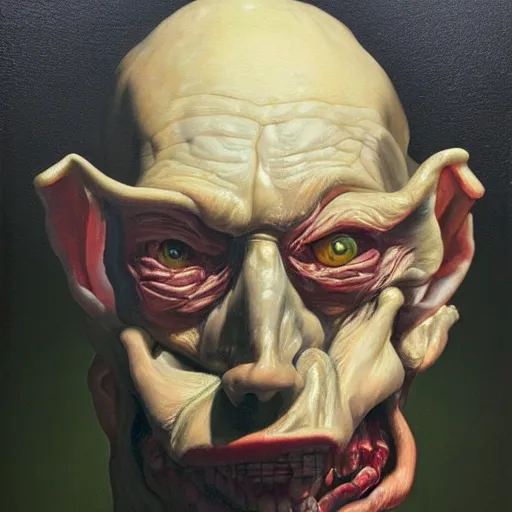 Prompt: Oil painting by Christian Rex Van Minnen of a portrait of an extremely bizarre disturbing mutated man with intense chiaroscuro lighting perfect composition