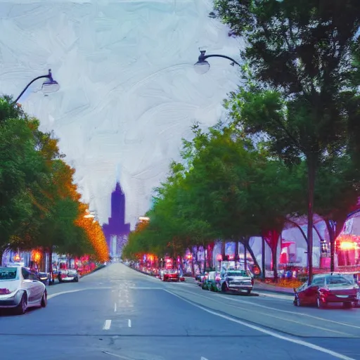 Image similar to boulevard, median with trees, uptown, liminal space, traffic lights, blue hour