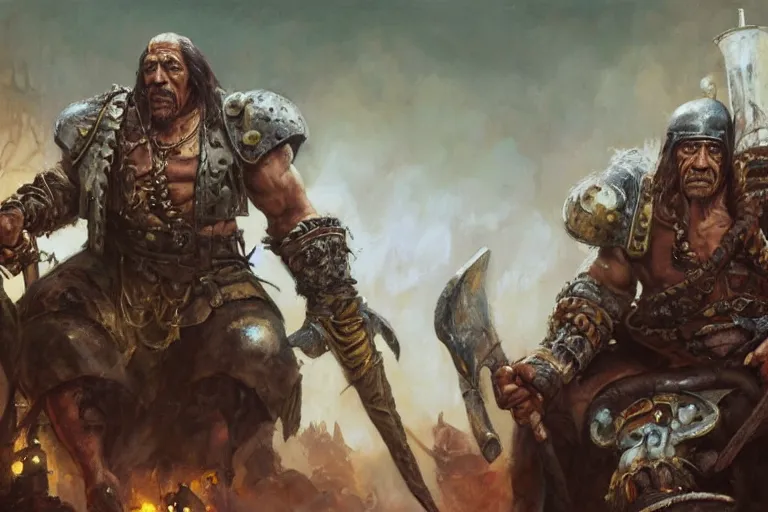 Image similar to A beautiful oil painting of Danny Trejo in Warhammer Vermintide, by Lucas Graciano, Frank Frazetta, Greg Rutkowski, Boris Vallejo, epic fantasy character art, warhammer fantasy, Exquisite detail, post-processing, low angle, masterpiece, cinematic