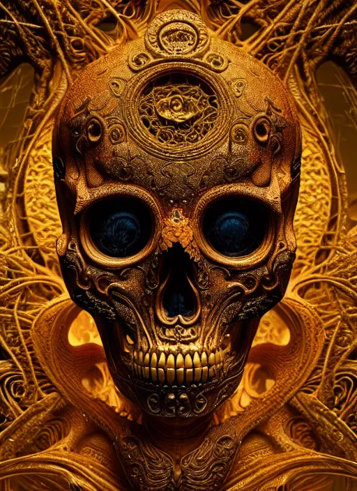 Image similar to a highly detailed photographic render of chthonic intricately carved golden sugar skull, intricate golden ornament, gilding, horror, dark fantasy, beautifully lit, ray traced, octane 3D render in the style of Gerald Brom and James Gurney Ayami Kojima, Beksinski, Giger