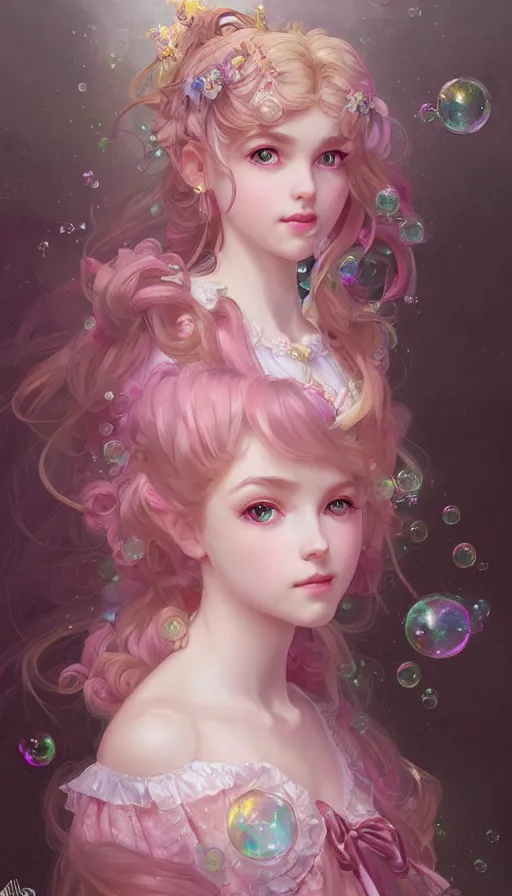 Prompt: portrait of magical lolita girl, dreamy and ethereal, pink eyes, curious expression, ornate frilly dress, fantasy, intricate, elegant, rainbow bubbles, highly detailed, digital painting, artstation, concept art, smooth, sharp focus, illustration, art by artgerm and greg rutkowski and alphonse mucha