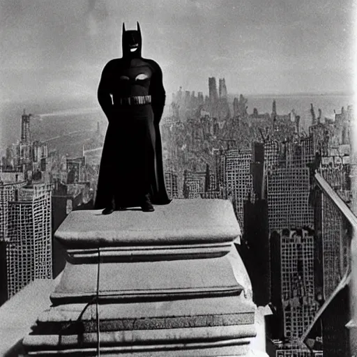 Prompt: old black and white photo, 1 9 1 3, depicting batman from dark knight on top of skyscraper steel bar overlooking new york city, rule of thirds, historical record