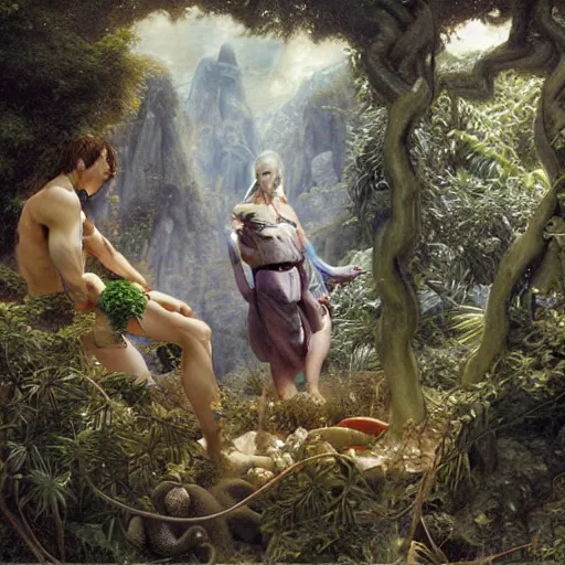 Prompt: Close-up of God being angry in the Garden of Eden. Adam and Eve look very guilty and the snake is leaving the scene quietly - Matte painting , detailed painting, made by Edgar Maxence and Ross Tran and Michael Whelan, Lorenzo Sperlonga Legends of Runeterra