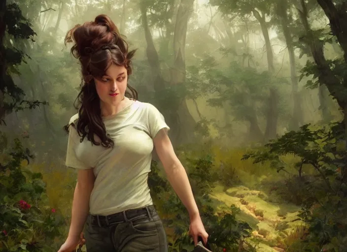 Prompt: a full body portrait of a woman wearing jorts and a tshirt, fantasy forest landscape at day, rule of thirds, digital painting by sargent and leyendecker, fantasy, medium shot, intricate, matte painting, verdant gradient, dynamic lighting, detailed, by greg rutkowski and greg tocchini and james gilleard and joe fenton and greg manchess