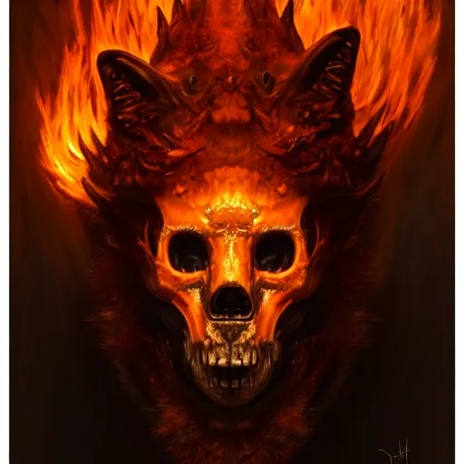 Image similar to ( ( ( ( ( hyperrealist distant portrait of a man wearing a skull fox mask in hell where it rains fire and smoke. ) ) ) ) ) by donato giancola, fantasy, photorealistic, octane render, unreal engine, dynamic lighting, trending on artstation, poster, volumetric lighting, very detailed faces, 4 k, award winning