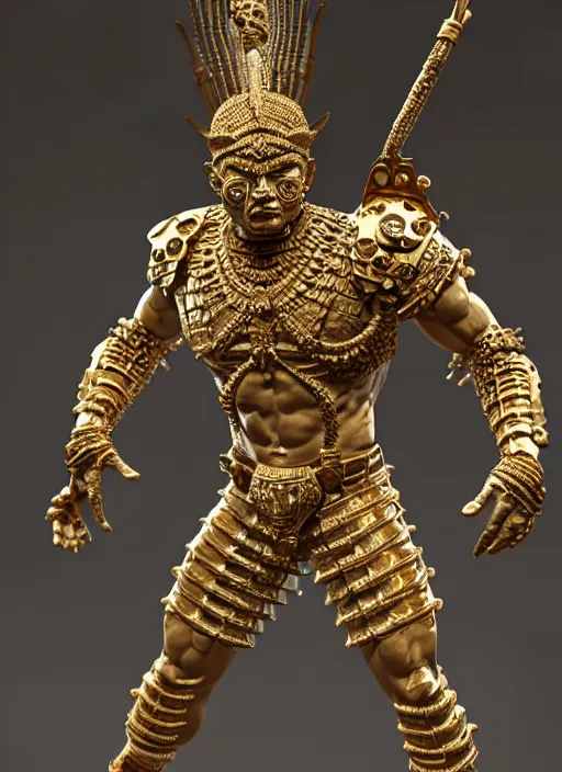 Image similar to intricate sculpture of an aztec warrior, ulta high detail, subtle gold accents, sculpted by craig mullins, yoji shinkawa, trending on artstation, hyper detailed, insane details, intricate, ornate, elegant, luxury, dramatic lighting, cgsociety, art, octane render, weta digital, micro details, 3 d sculpture, structure, ray trace 4 k