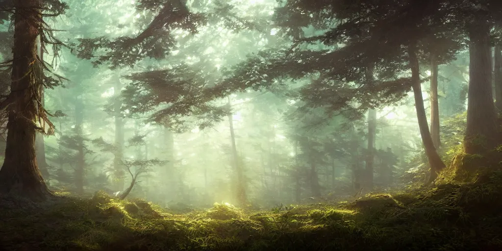 Image similar to a forest, oil painting, cinematic angle, hyperrealistic, volumetric lighting, dynamic, Studio Ghibli, digital art, octane render, post-processing, epic composition, trending on artstation, masterpiece