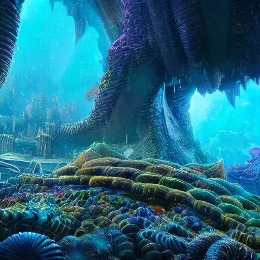 Prompt: a fantasy atlantis city underwater, desolated, fluorescent kelps, electricity lightning, furry, soft, concept art, sharp focus, intricate details, highly detailed, photorealistic, disney pixar, octane render, iridescent, anime, big field of view, 8 k