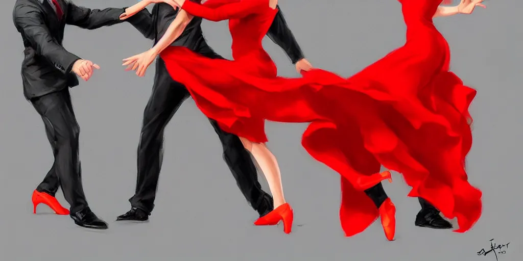 Image similar to Dancing Gesture draw by Stanley Artgerm Lau, Gesture draw, Salsa Dance, couple, lady using red dress, guy using a fancy suit, Salsa tricks, WLOP, Rossdraws, James Jean, Andrei Riabovitchev, Marc Simonetti, and Sakimichan, trending on artstation