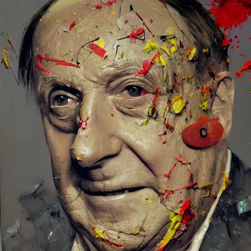 Prompt: hyperrealistic, photorealistic, mixed media oil painting of jack benny, magazine scraps, plaster, blood, oil, mustard, cigarettes, splatter, trending on artstation, award - winning painting, greg rutkowski, basquiat, ralph steadman, terry gilliam