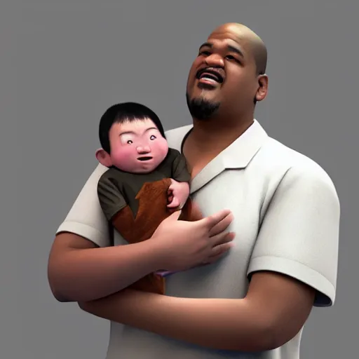 Prompt: shocked asian man holds baby shaquille o ’ neal at hospital, he can ’ t believe his eyes, award winning art, pixar, 3 d render, unreal engine