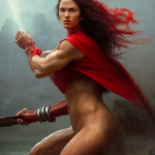 Image similar to cinematic shot epic portrait a spartan woman with a red cape on, muscular, goddess, wet hair flowing, sweaty skin, battlefield backround, broad light, ambient occlusion, volumetric light effect, made by ivan aivazovsky, peter mohrbacher, greg rutkowski, matte painting, trending on artstation, 4 k, perfectly defined features, digital painting,