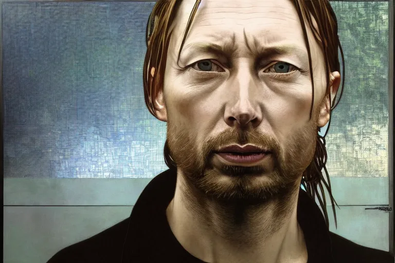 Image similar to hyper realistic portrait of thom yorke version singer songwriter ok computer, ( side ) profile, liminal space, by lee bermejo, alphonse mucha and greg rutkowski