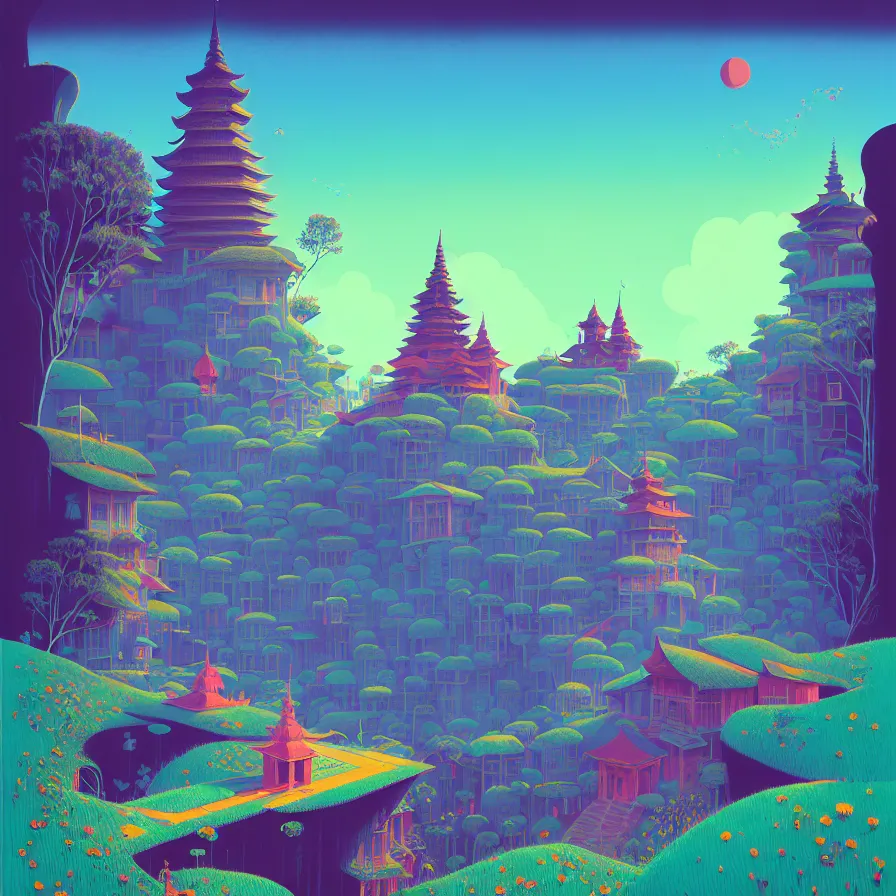 Prompt: ( ( ( gediminas pranckevicius ) ) ), wat bukit perak, summer morning, very coherent and colorful high contrast art by james gilleard floralpunk screen printing woodblock, dark shadows, pastel color, hard lighting