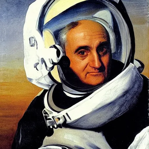 Image similar to Bertie Ahern wearing an astronaut helmet, painted by Caravaggio