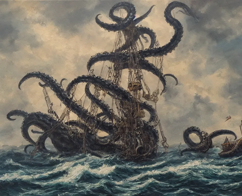 Image similar to oil painting of a kraken attacking a pirate ship