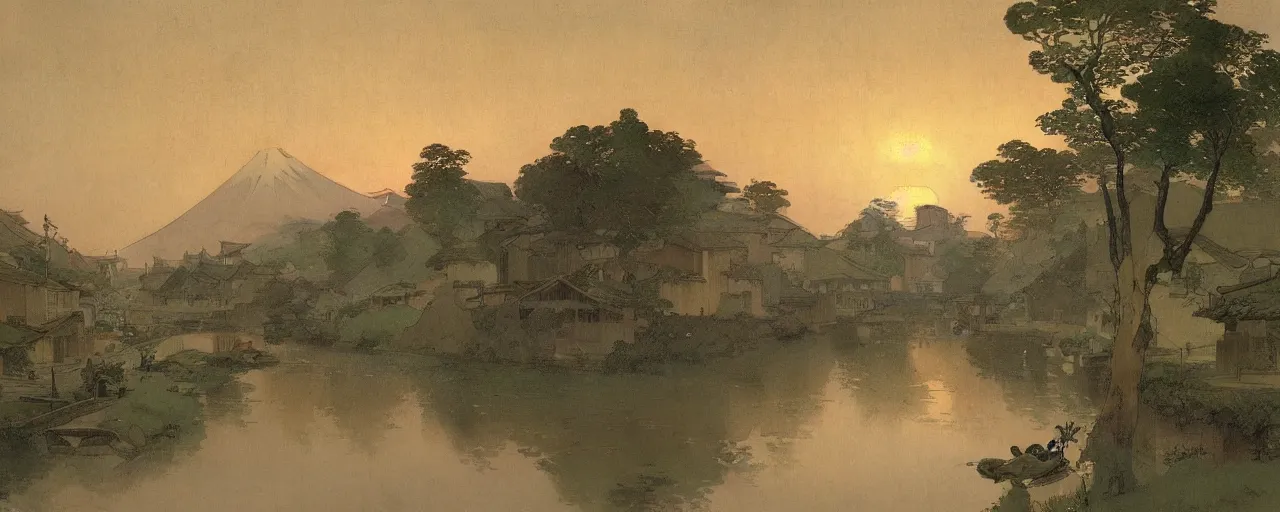 Prompt: a beautiful painting of an acient japanese town nearby a small river in the evening by alfons maria mucha and ivan aivazovsky, ultra detailed, volumetric lighting,